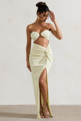 Ecru Crinkle Strapless Cut-Out Maxi Dress With Twist